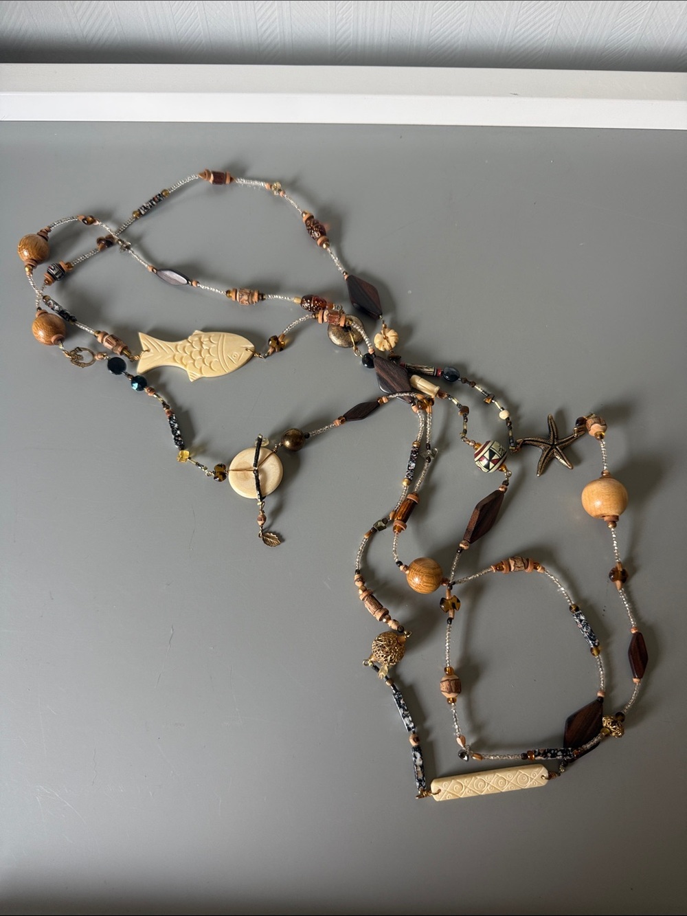 Bohemian Beachwood Multi-Bead Necklace in Brown and Cream